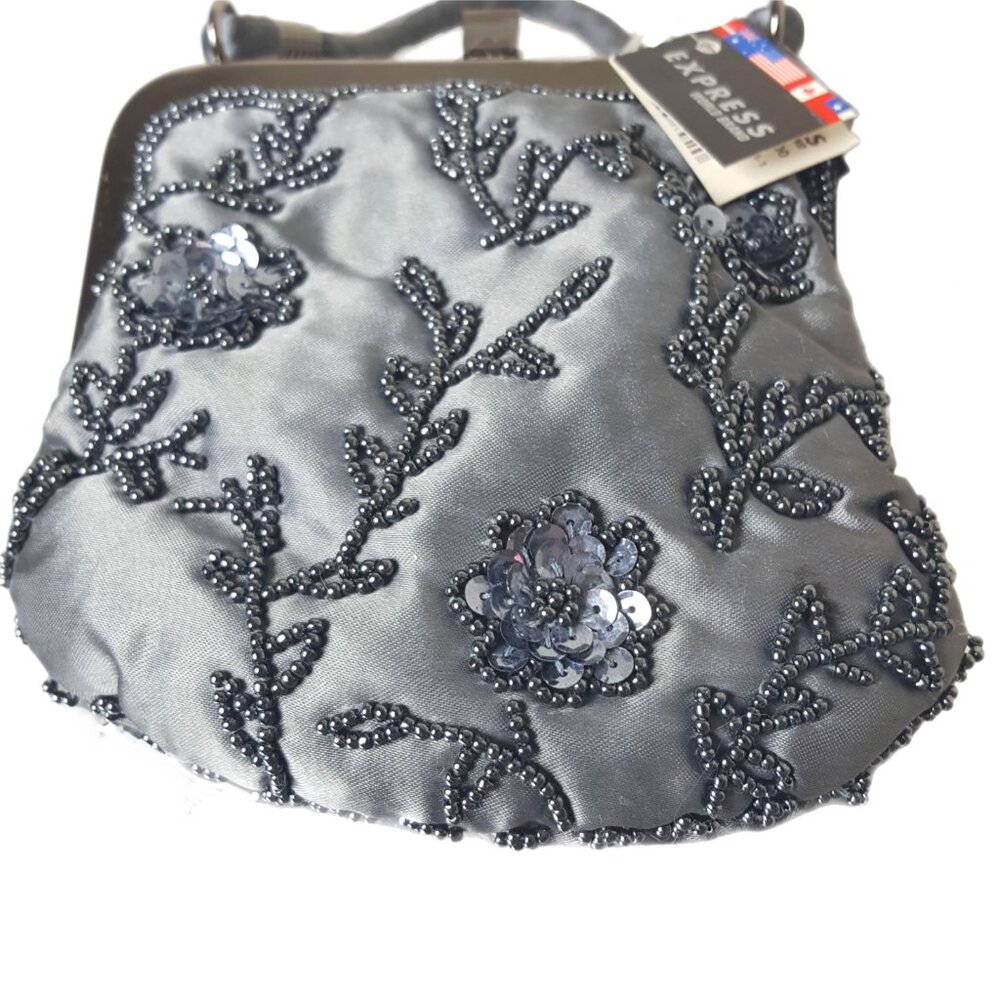 Vintage Y2K Express Beaded Satin Evening Bag NWT Gray Floral Mini Purse - Picture 6 of 9